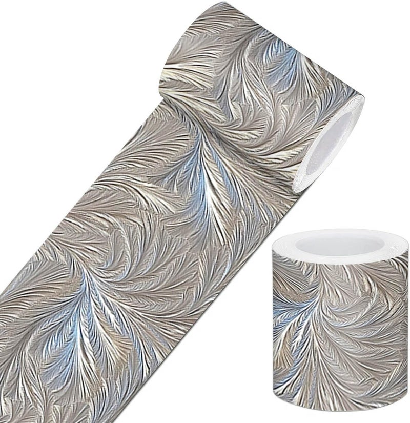 IVN Wallpaper Border Metallic Feather Texture Gold Gray Blue Pattern Design 4x196 Inch Peel and Stick Wallpaper Border for Mirror Frame Bathroom Laundry Room Pool Area Living Room Wall Decor - Image 1